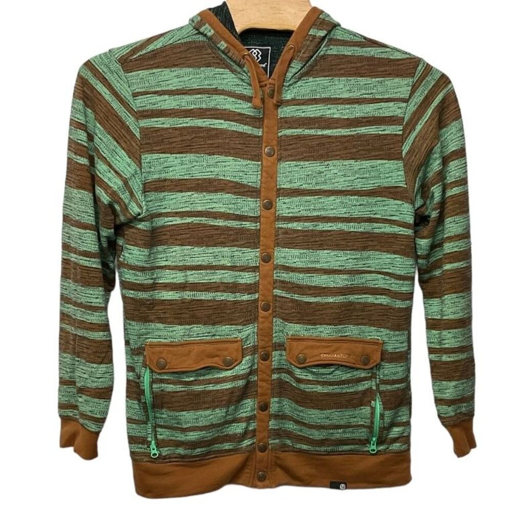 Special Blend Snap Button Hooded‎ Sweatshirt Size L Green Brown Striped Pockets